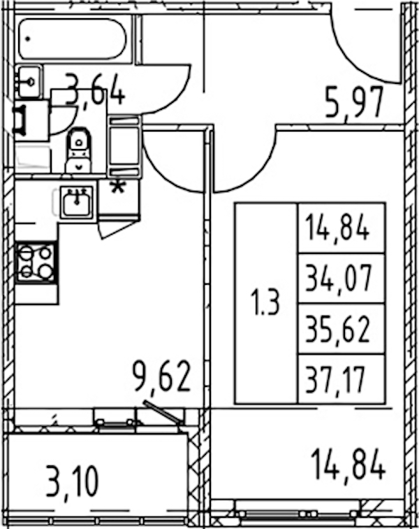 1-комнатная квартира 34.07 м², 8/12 эт., ЖК «Полис ЛАВрики»